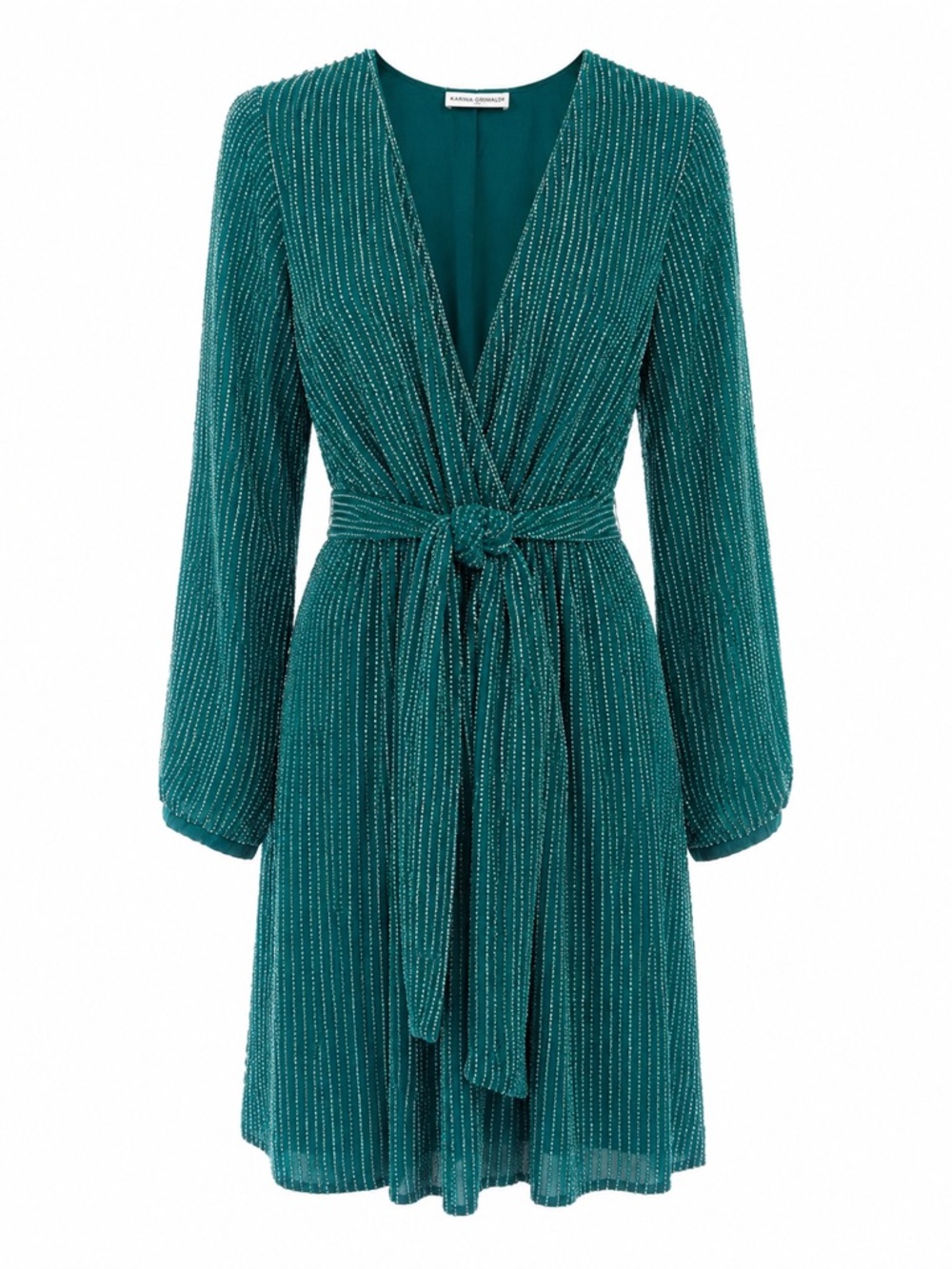 Karina Grimaldi Beaded Teal Long-Sleeve Dress with Tie Front
